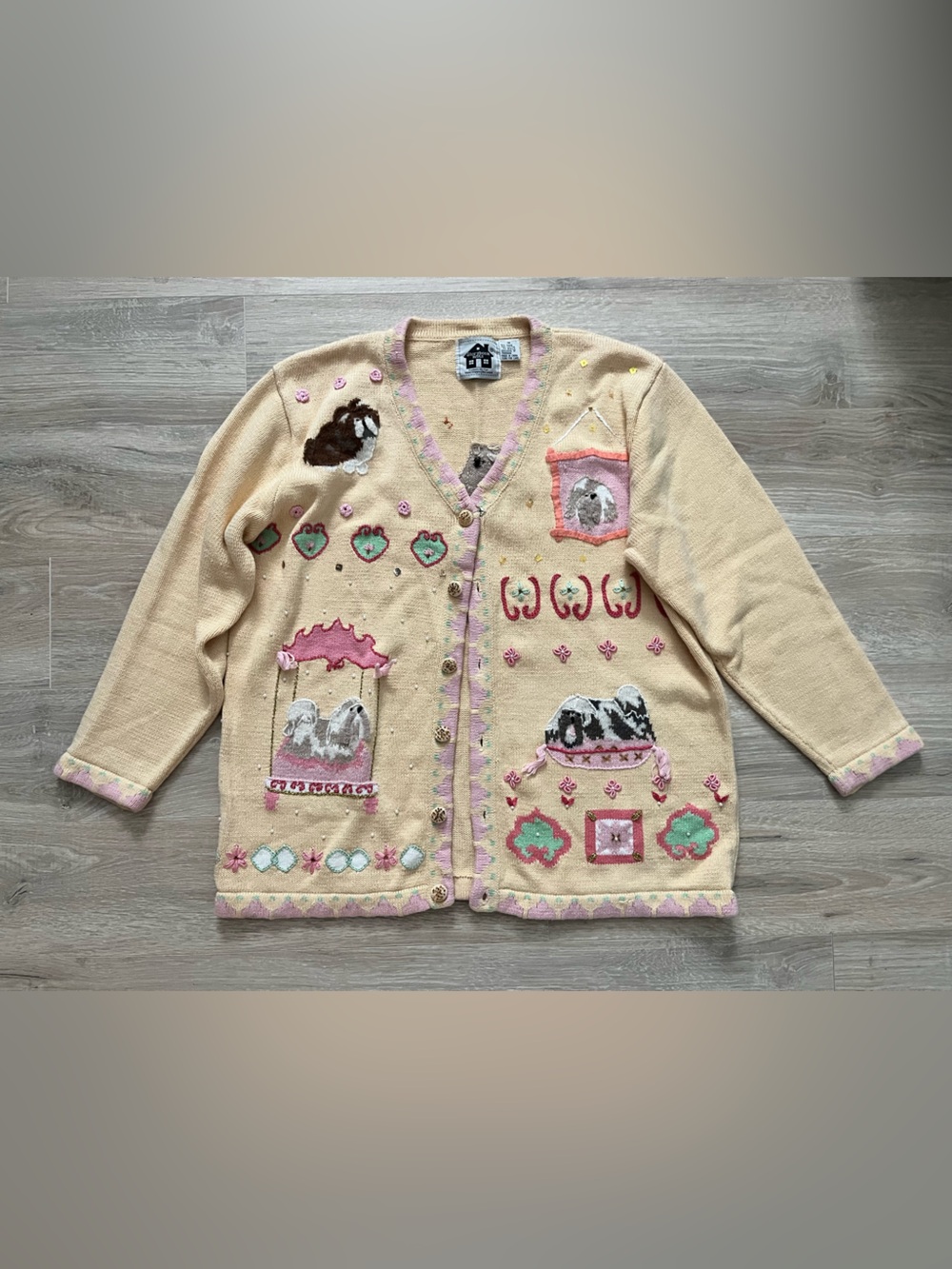 Storybook Knits Women’s Long Sleeve Cream Yellow Dog Cardigan Sweater - Size 1X